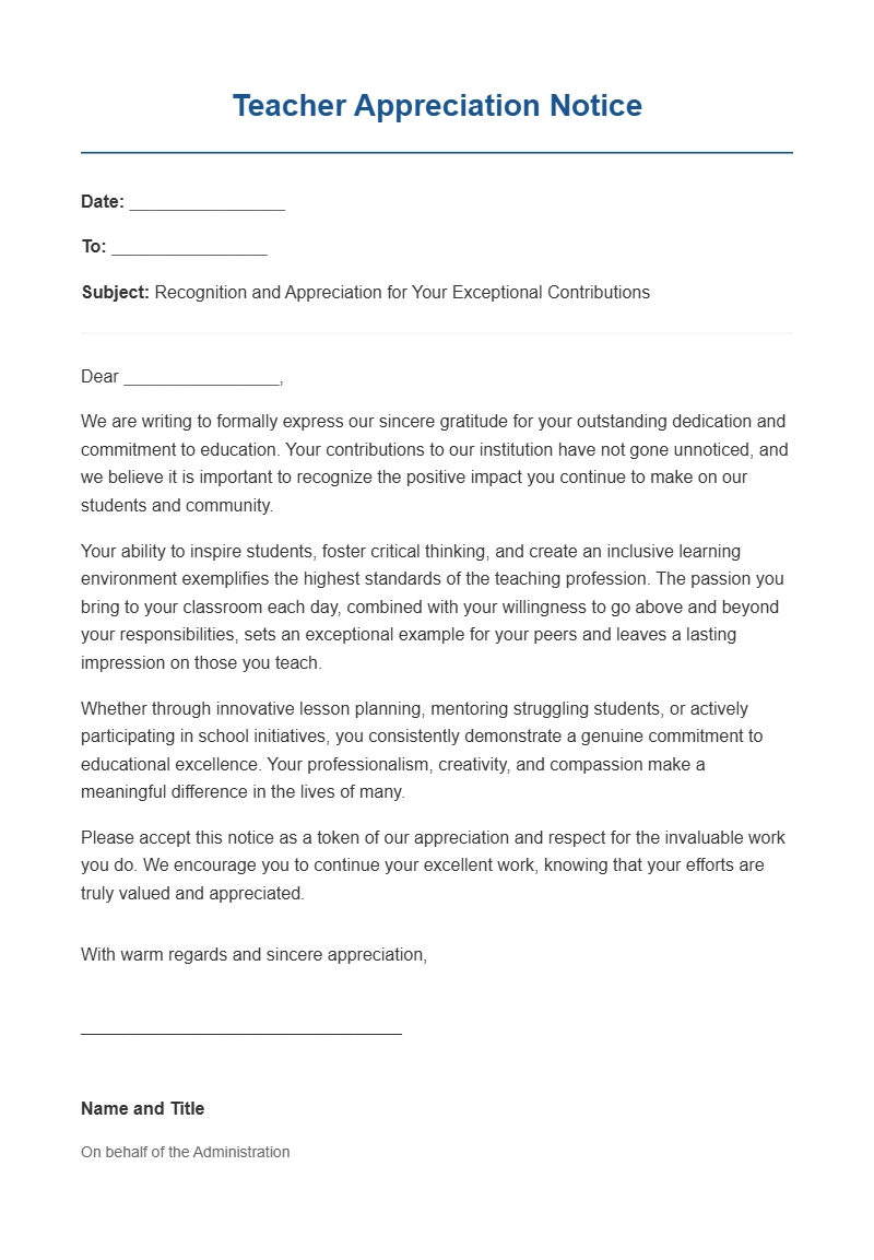 Teacher Appreciation Notice Letter Templates