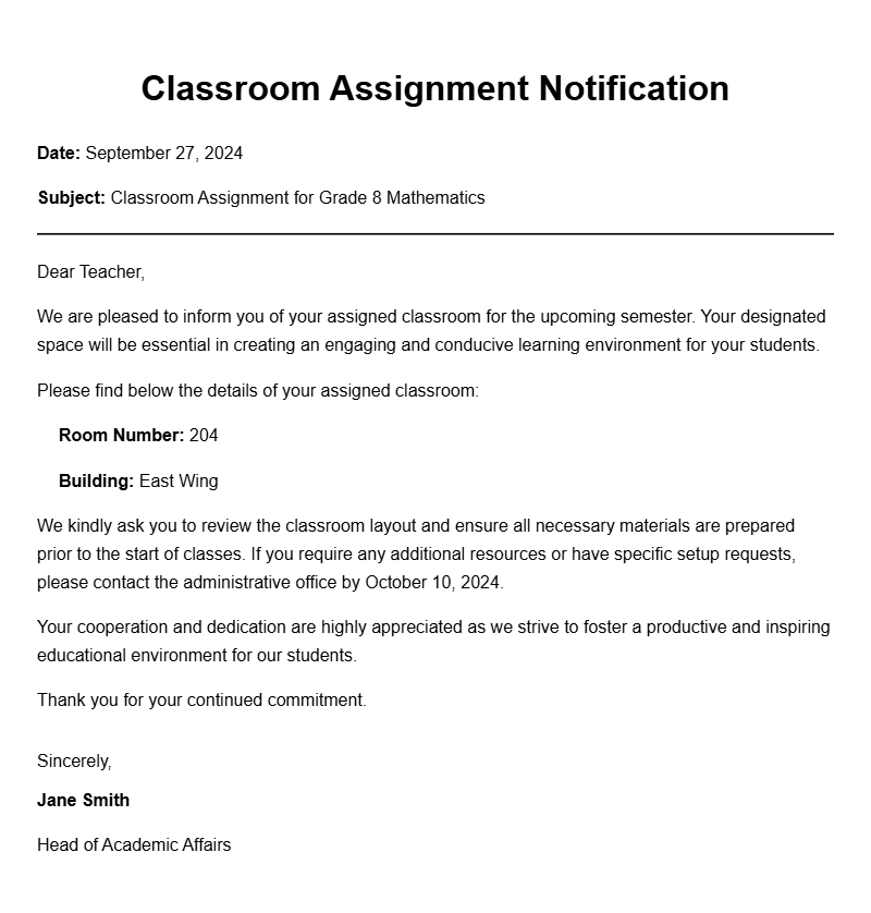 Teacher Classroom Assignment Letter Samples for Educators