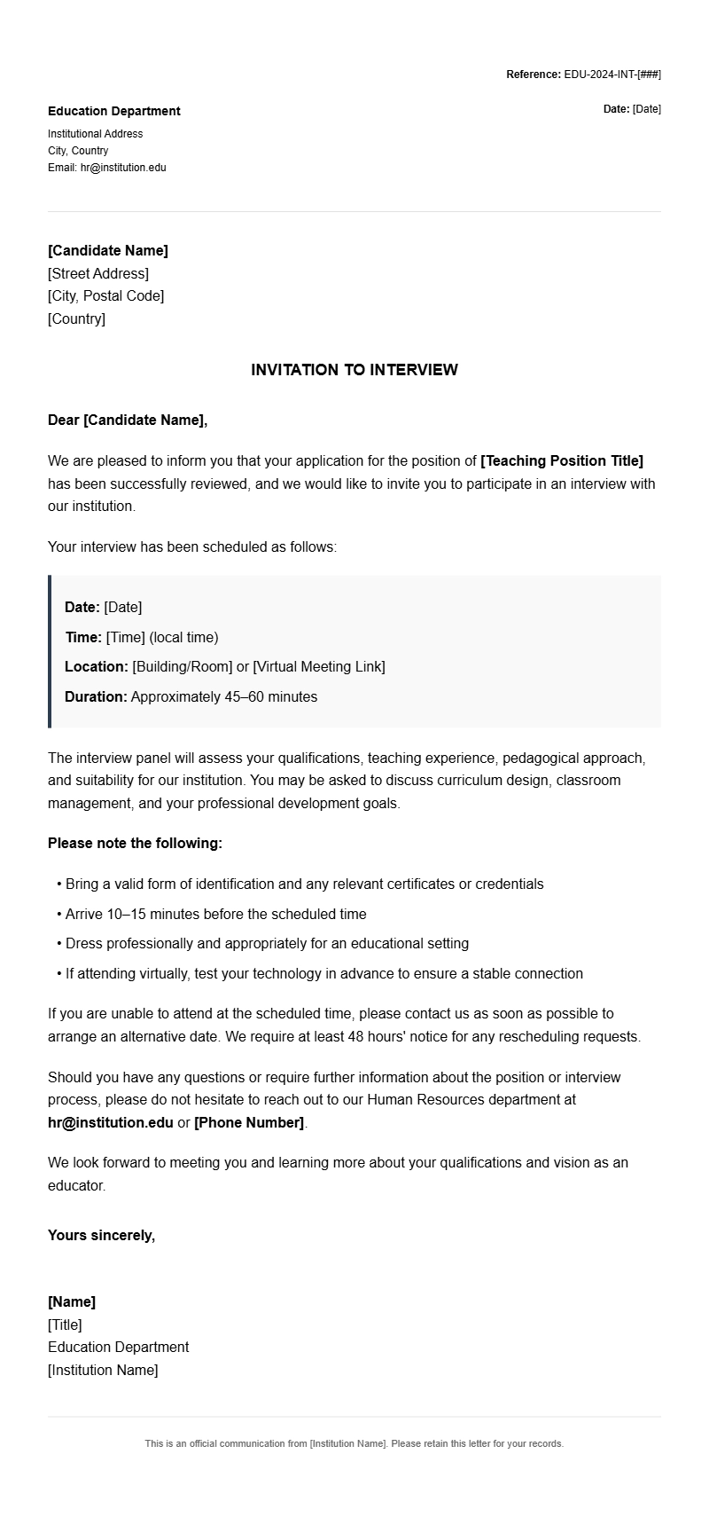 Teacher Interview Invitation Letter Templates