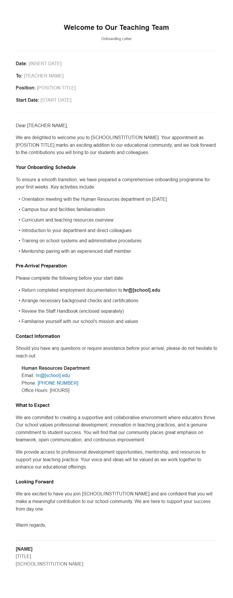 Teacher Onboarding Letter Templates