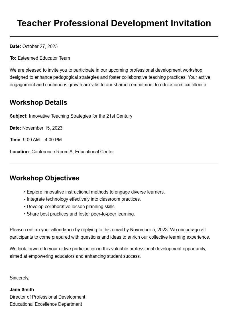 Effective Teacher Professional Development Letter Samples