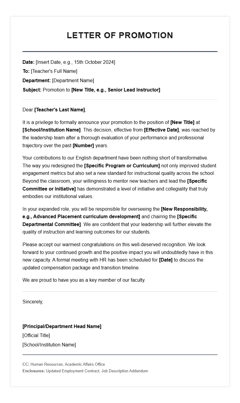 Teacher Promotion Letter Templates