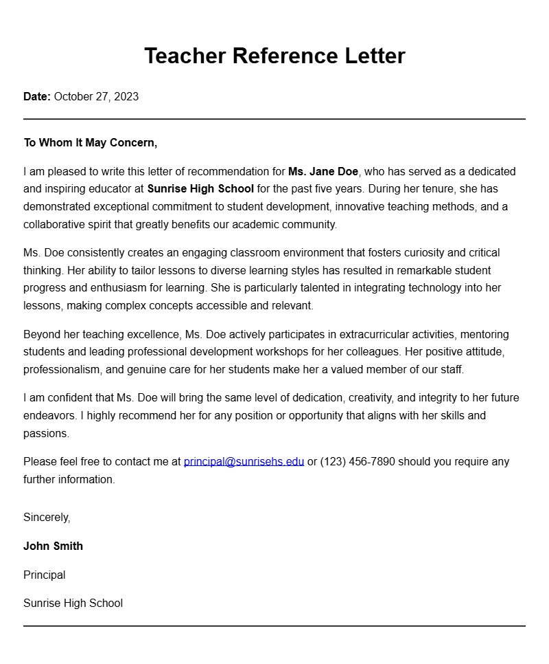 Effective Teacher Reference Letter Samples for Your Application