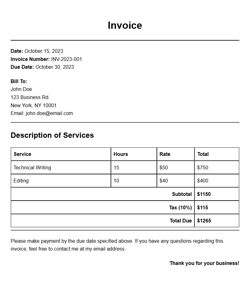 Technical Writer Invoice Samples for Your Business Needs