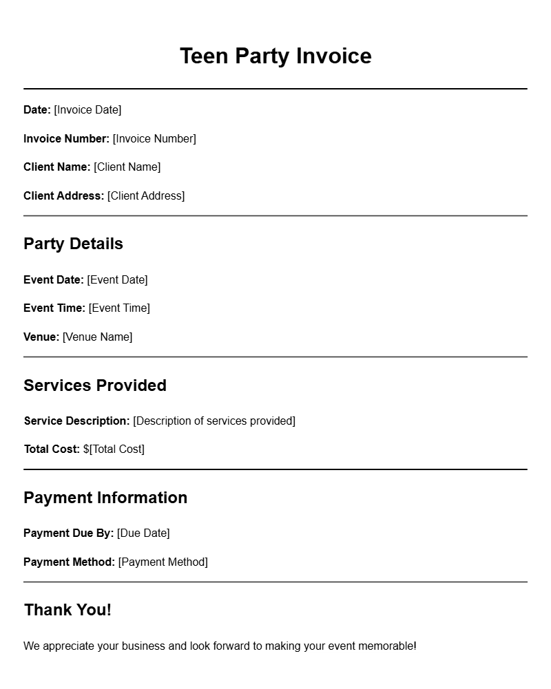 Teen Party Invoice Templates for Easy Event Planning