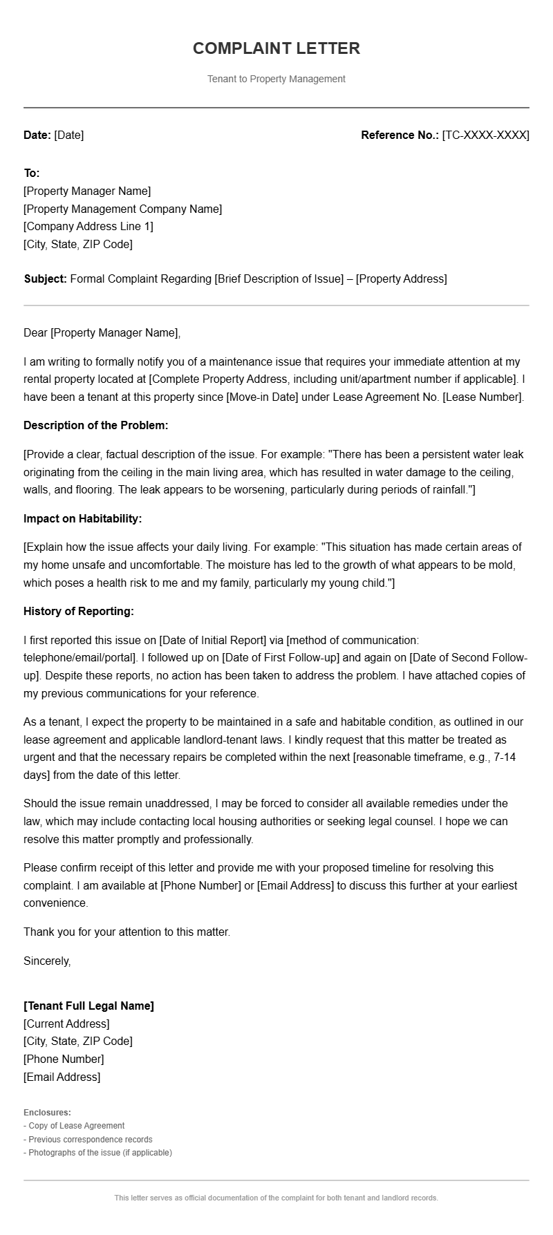Tenant Complaint Letter Templates – Free & Ready to Use