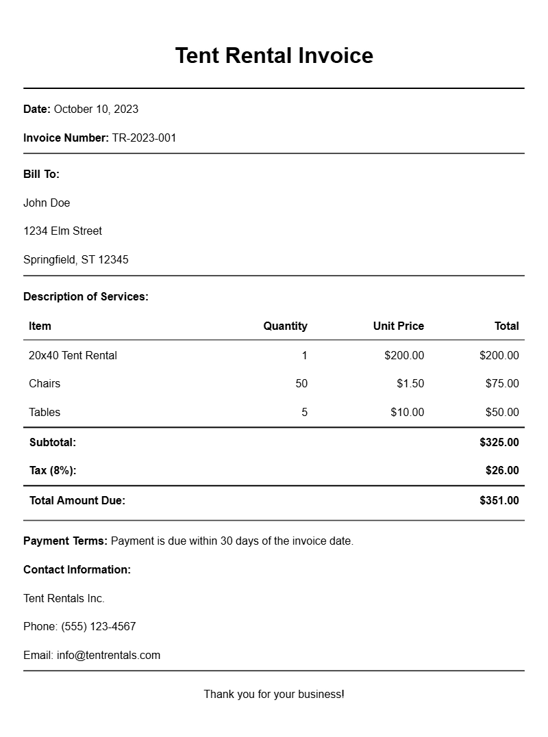 Tent Rental Owner Invoice Samples for Your Business Needs