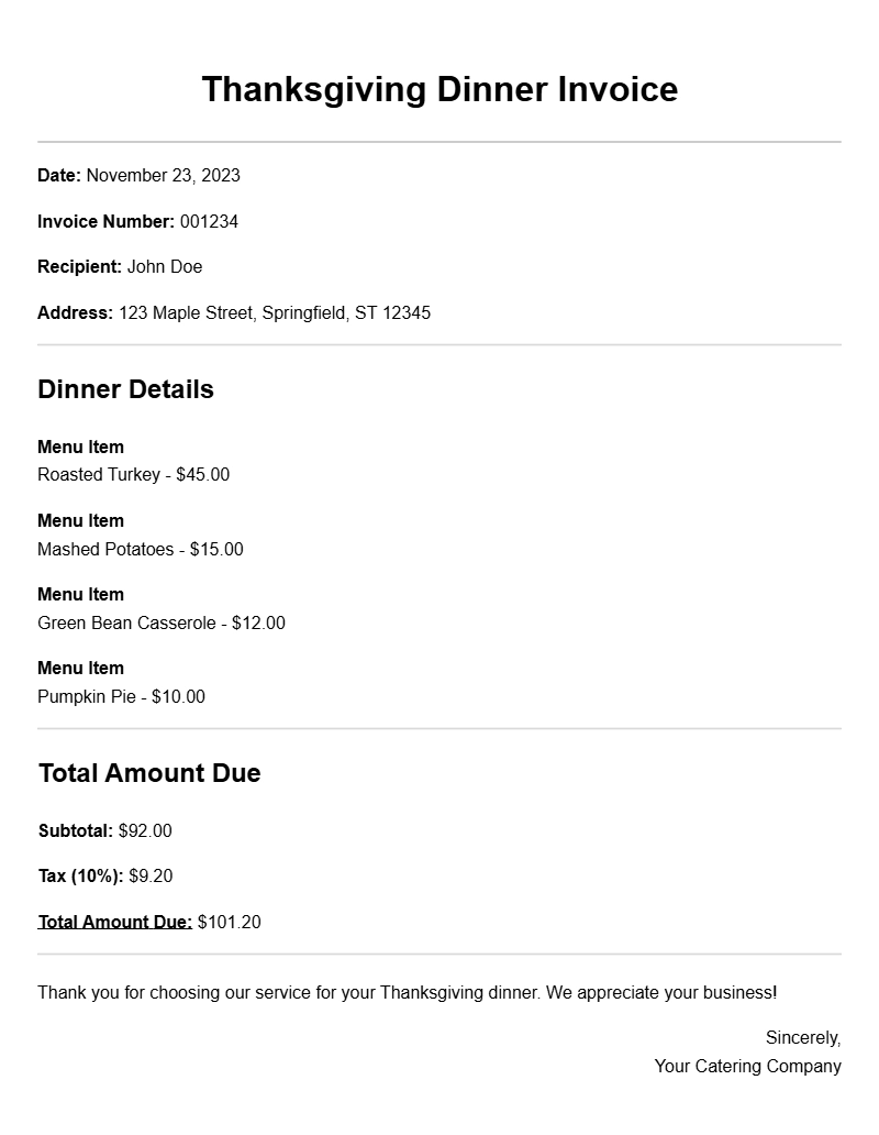 Thanksgiving Dinner Invoice Templates for Your Holiday Events