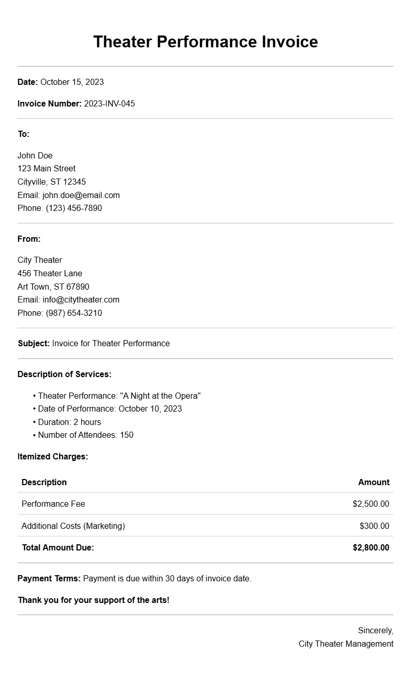 Theater Performance Invoice Samples for Your Business Needs