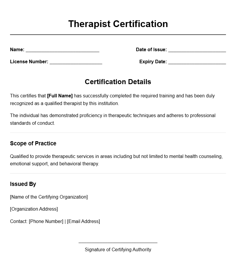 Therapist Certificate Templates for Professional Recognition