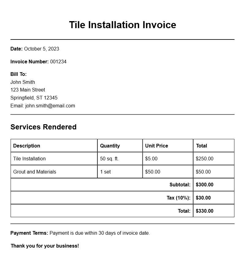 Tile Installation Invoice Samples for Easy Billing