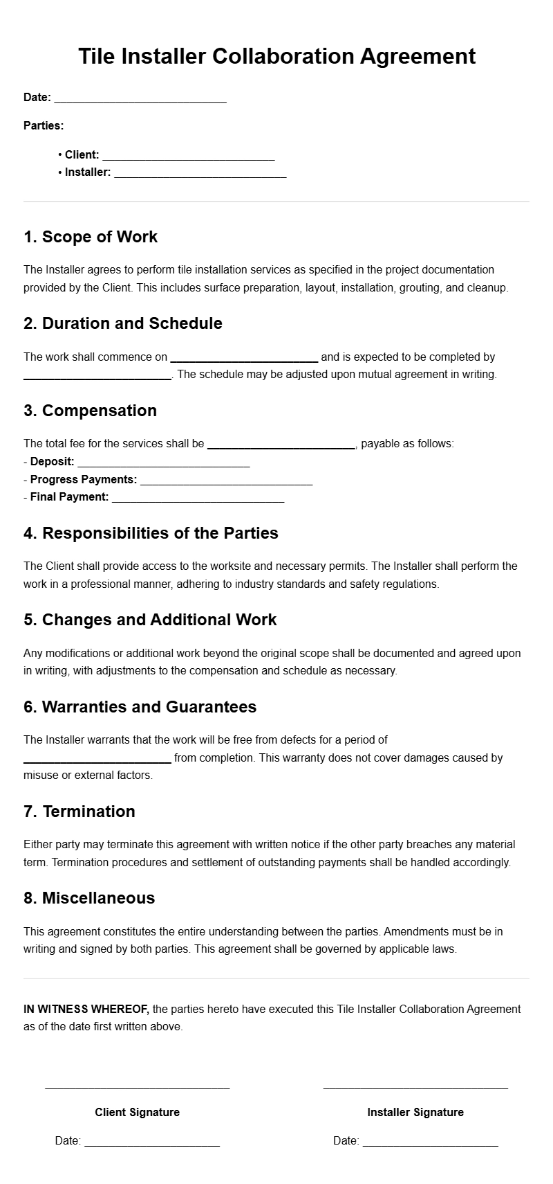 Tile Installer Collaboration Agreement Templates