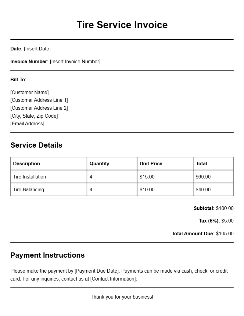 Tire Service Invoice Templates for Your Business Needs