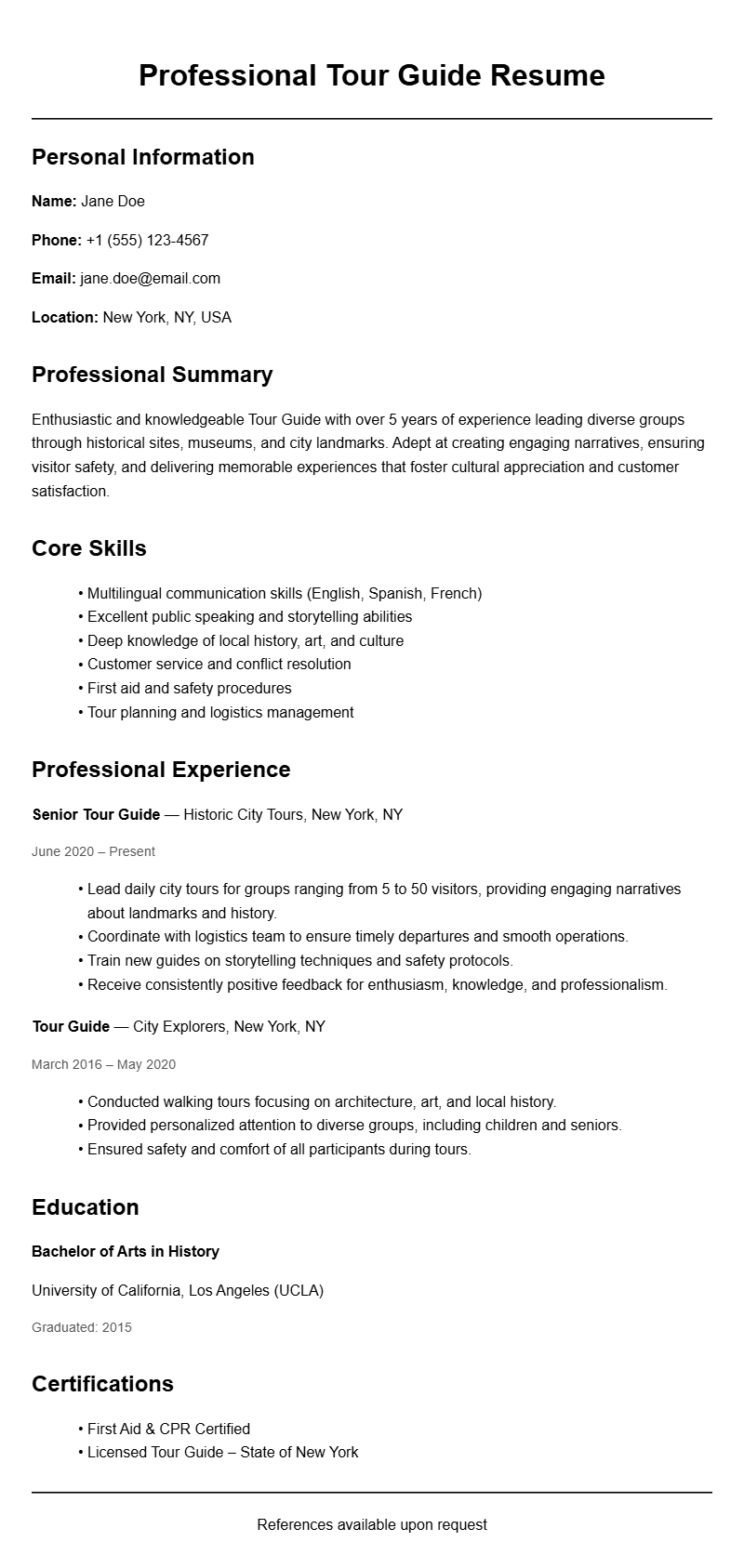 Tour Guide Resume Samples to Showcase Your Skills