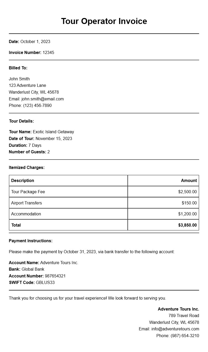 Tour Operator Invoice Samples for Your Business Needs