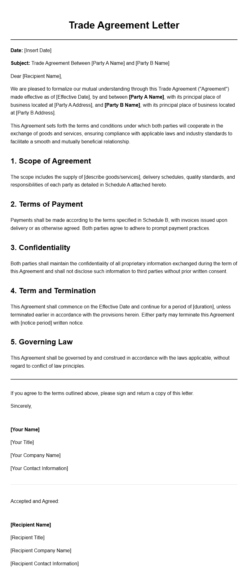 Professional Trade Agreement Letter Templates for Your Business