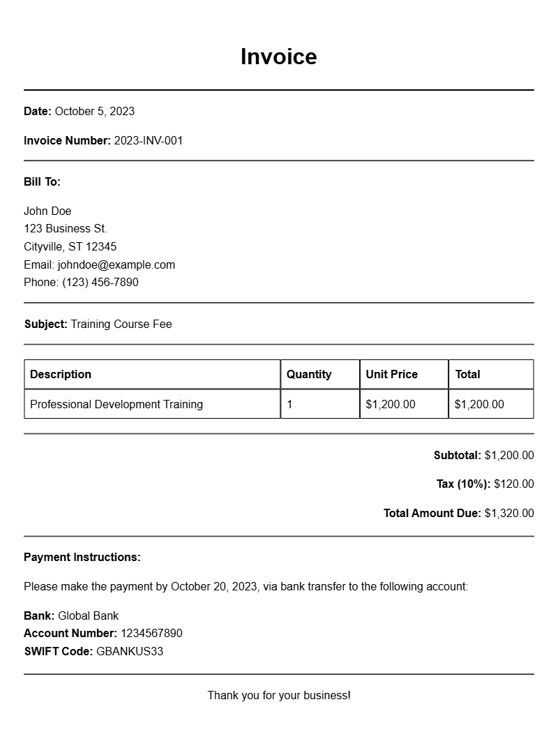 Training Course Invoice Samples for Easy Reference