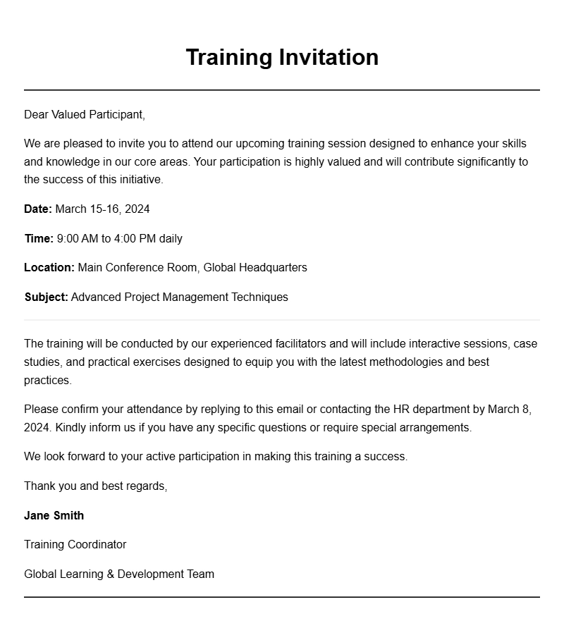 Training Invitation Letter Samples for Professional Events