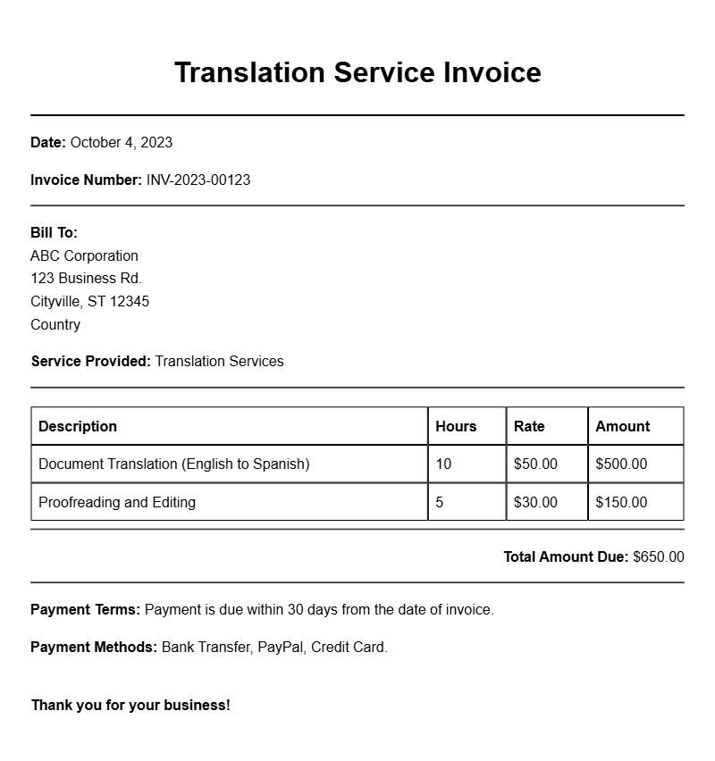 Translation Service Invoice Samples for Your Business Needs