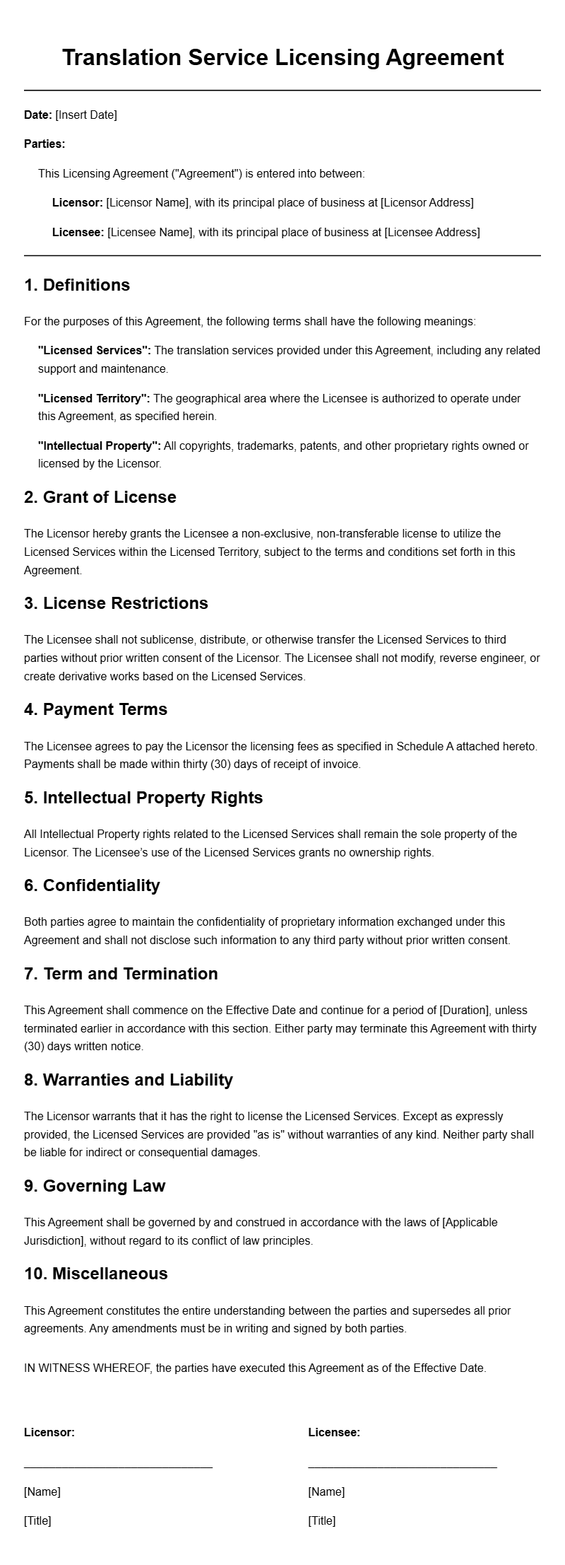 Translation Service Licensing Agreement Templates for Easy Customization