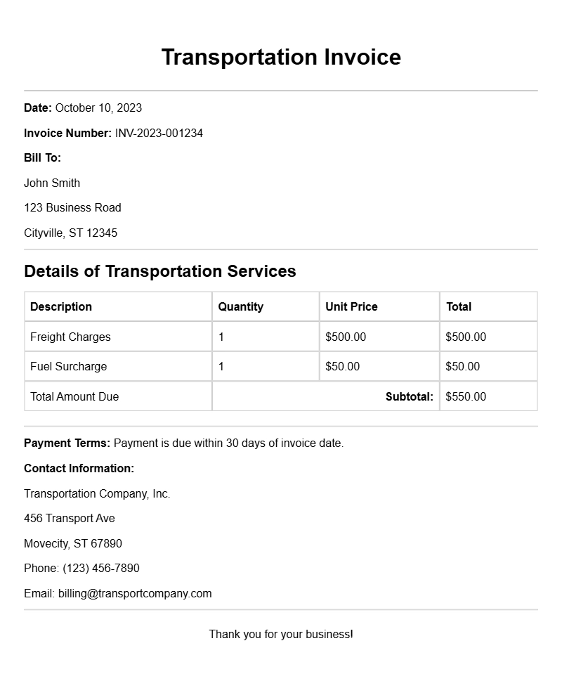 Transportation Invoice Samples for Efficient Billing