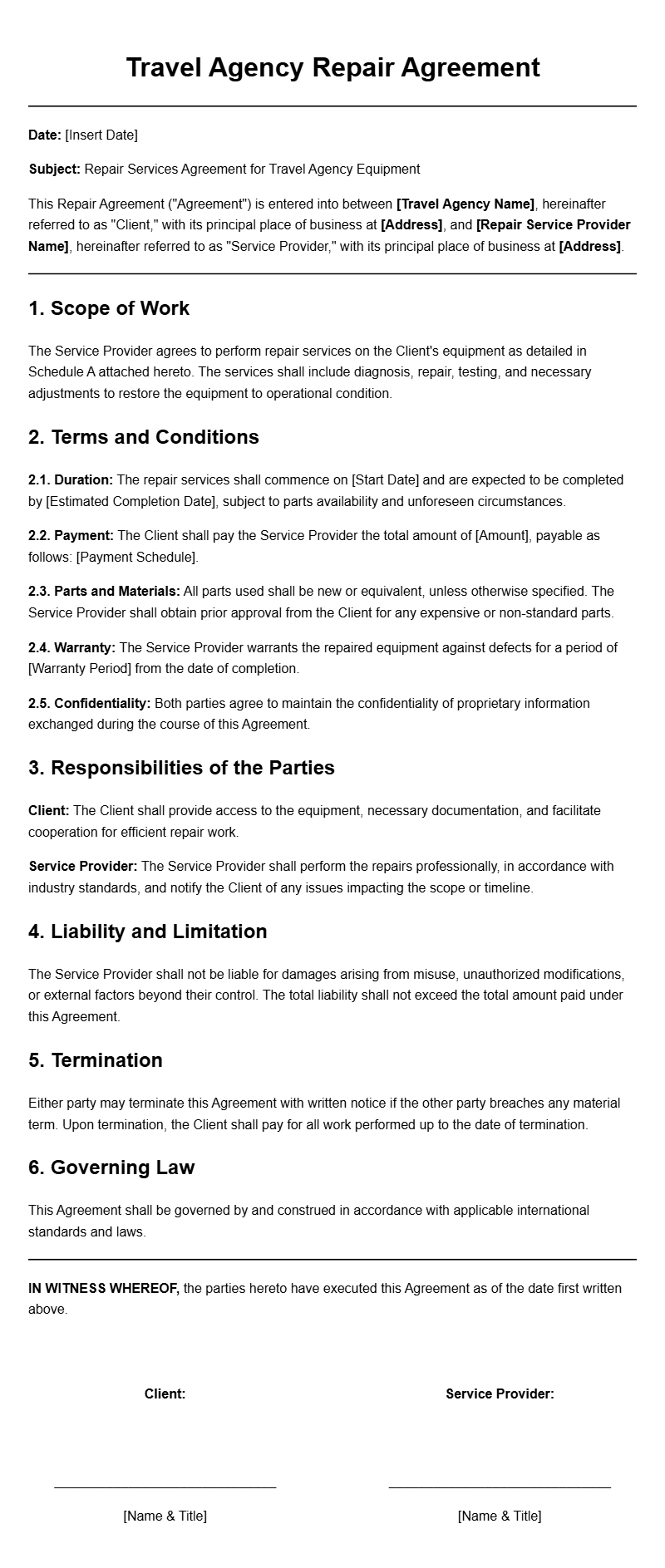Travel Agency Repair Agreement Templates