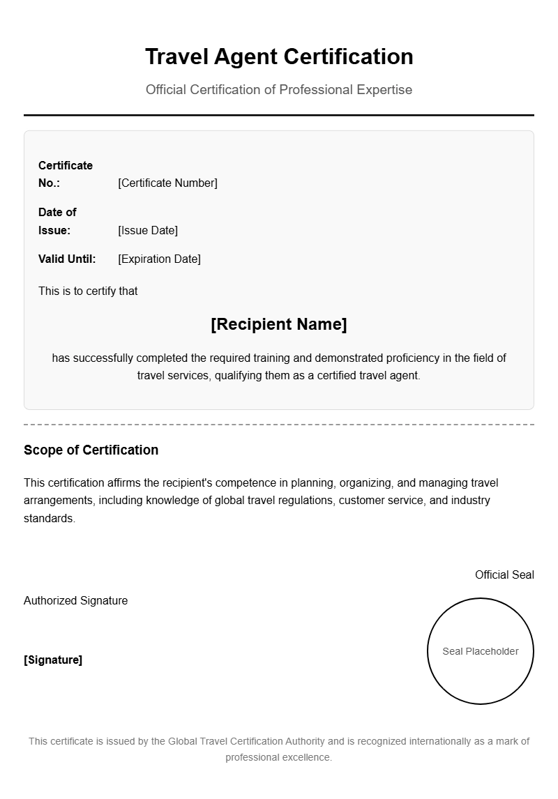 Travel Agent Certificate Templates for Professional Recognition