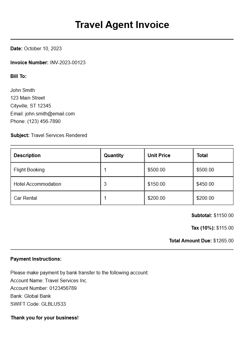 Travel Agent Invoice Samples for Your Business Needs