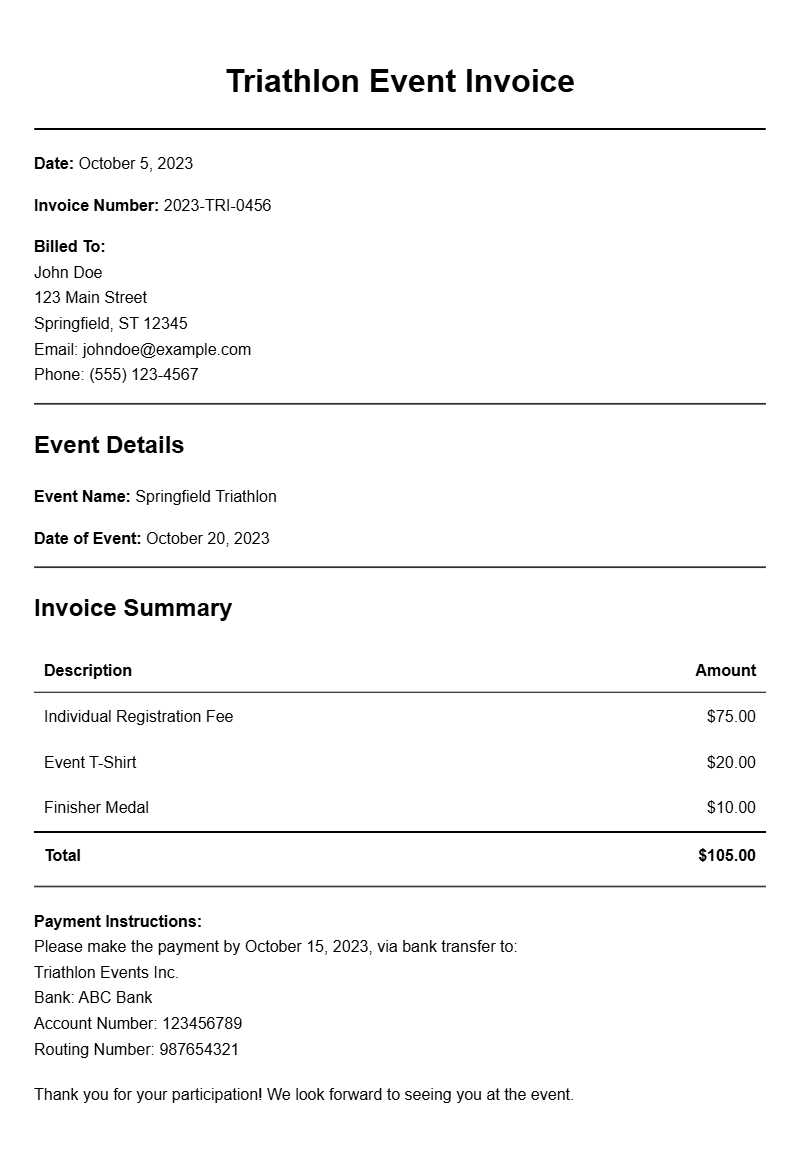 Triathlon Invoice Samples for Event Organizers