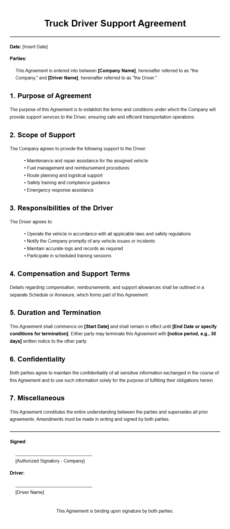 Truck Driver Support Agreement Templates for Smooth Partnerships