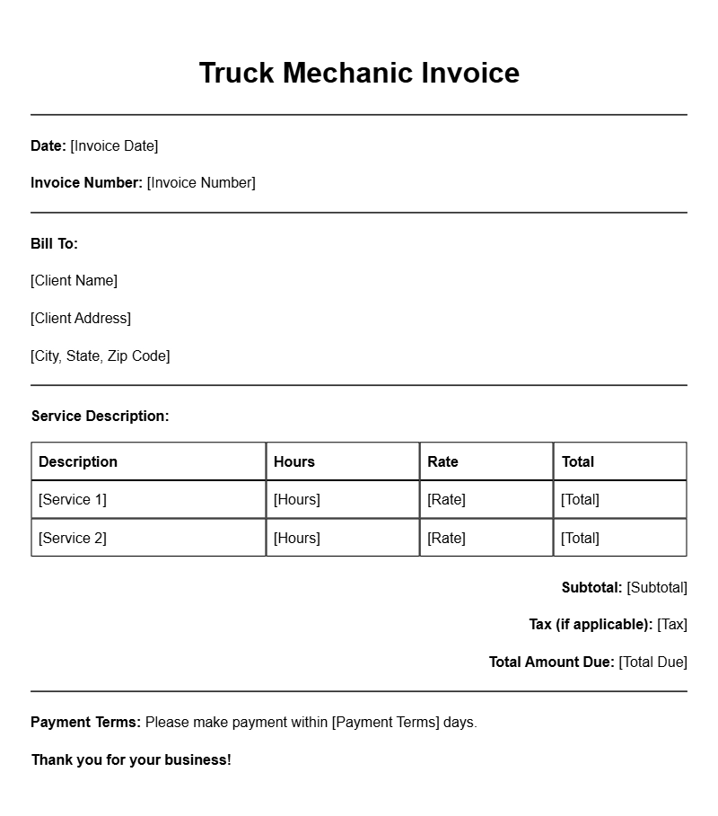 Truck Mechanic Invoice Templates for Efficient Billing