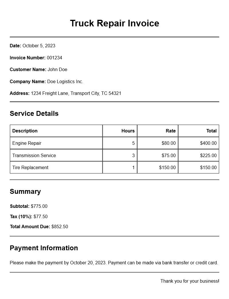 Truck Repair Invoice Samples for Efficient Billing