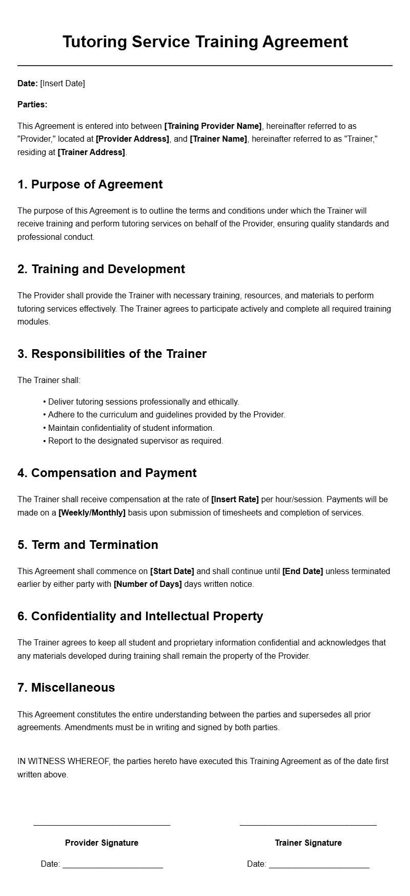 Tutoring Service Training Agreement Templates