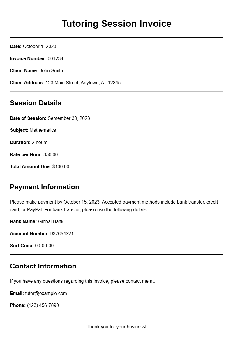 Tutoring Session Invoice Samples for Easy Billing