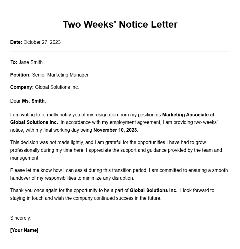 Two Week Notice Letter Samples for a Professional Transition