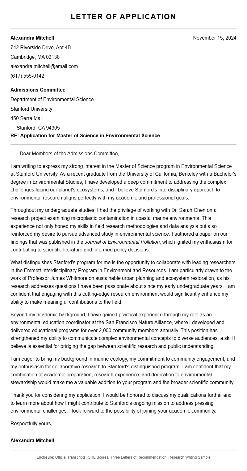 University Application Letter Examples