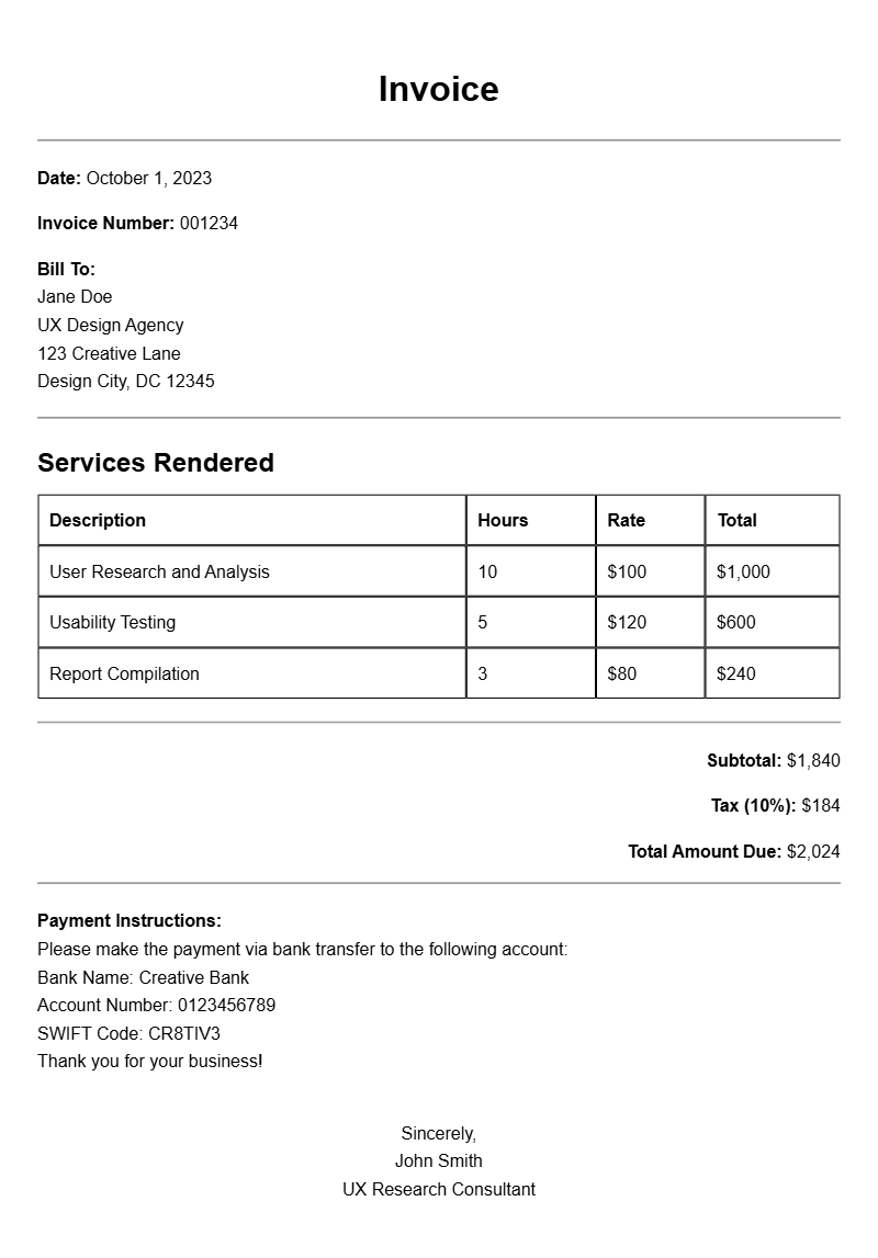UX Researcher Invoice Samples for Easy Billing Solutions