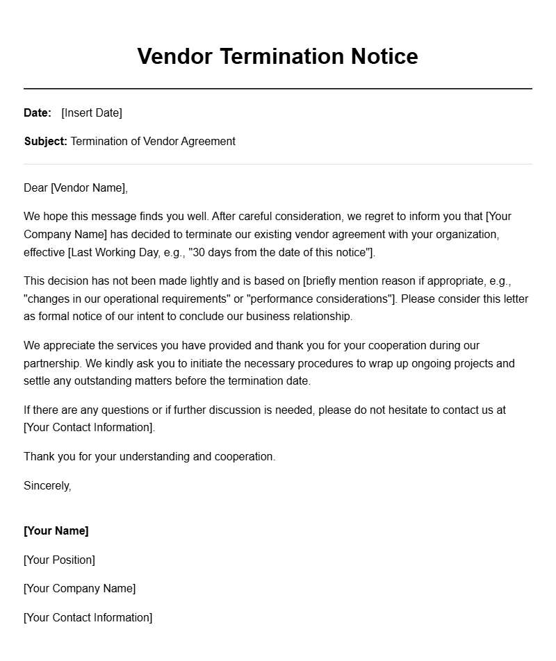 Vendor Termination Letter Samples for Professional Use