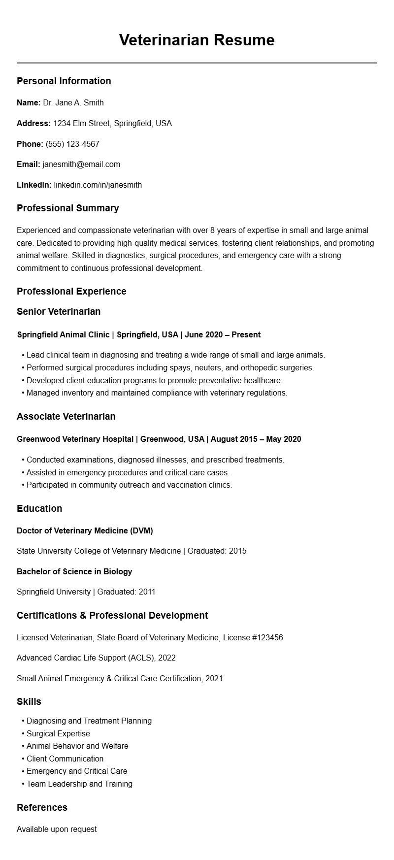 Professional Veterinarian Resume Templates for Success