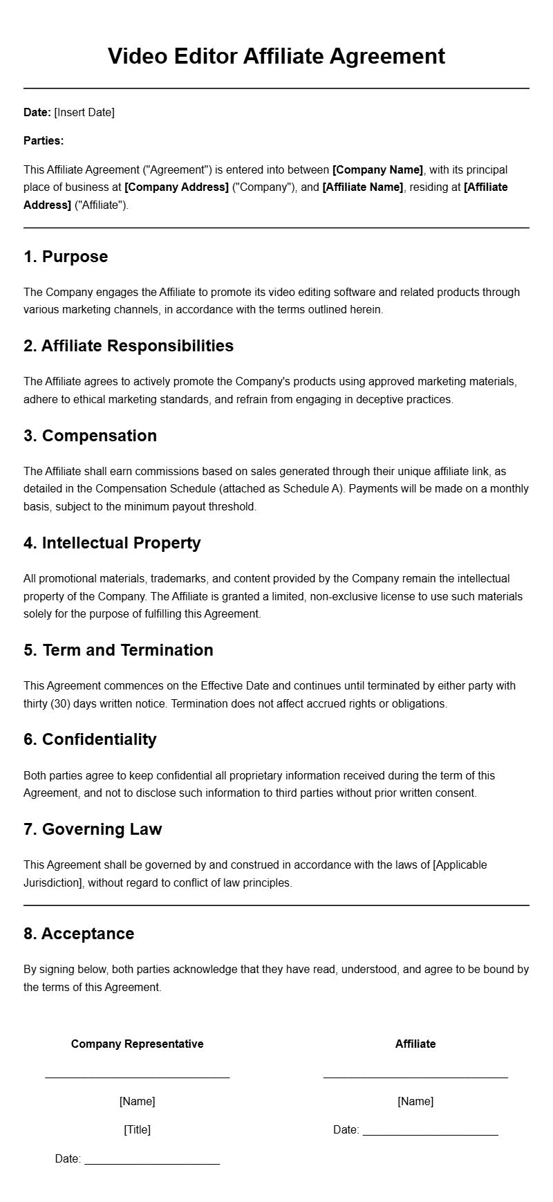 Video Editor Affiliate Agreement Templates for Seamless Partnerships