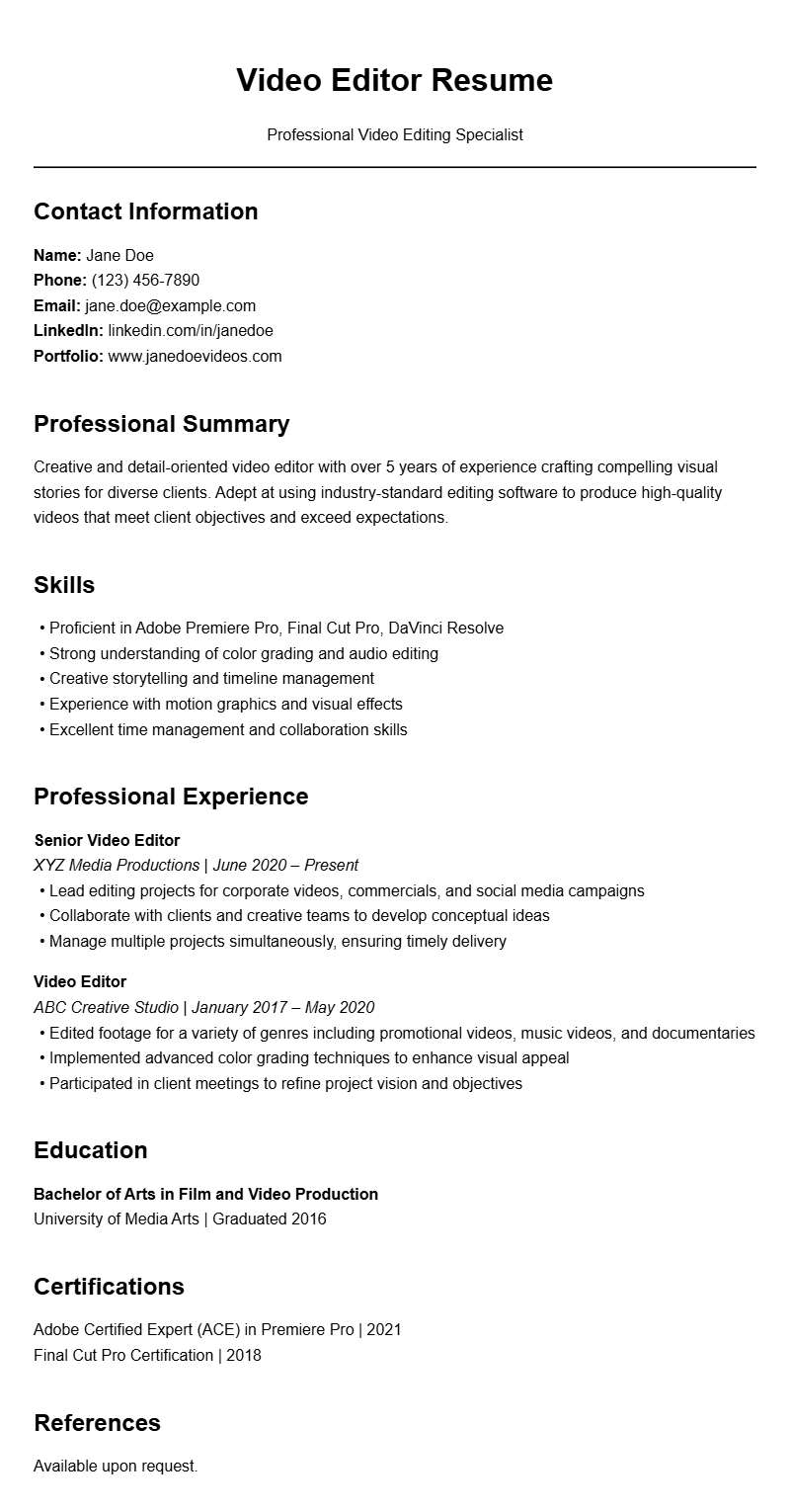 Creative Video Editor Resume Templates for Your Job Search