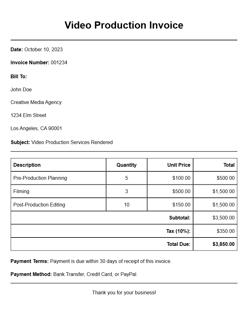 Video Production Invoice Samples for Your Business
