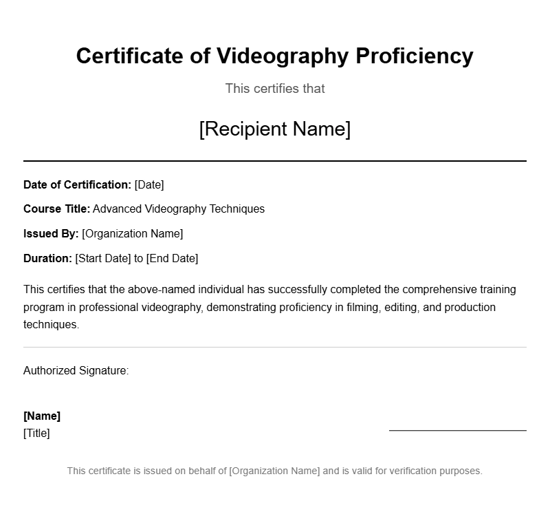 Sample Certificates for Videographer Certification and Recognition