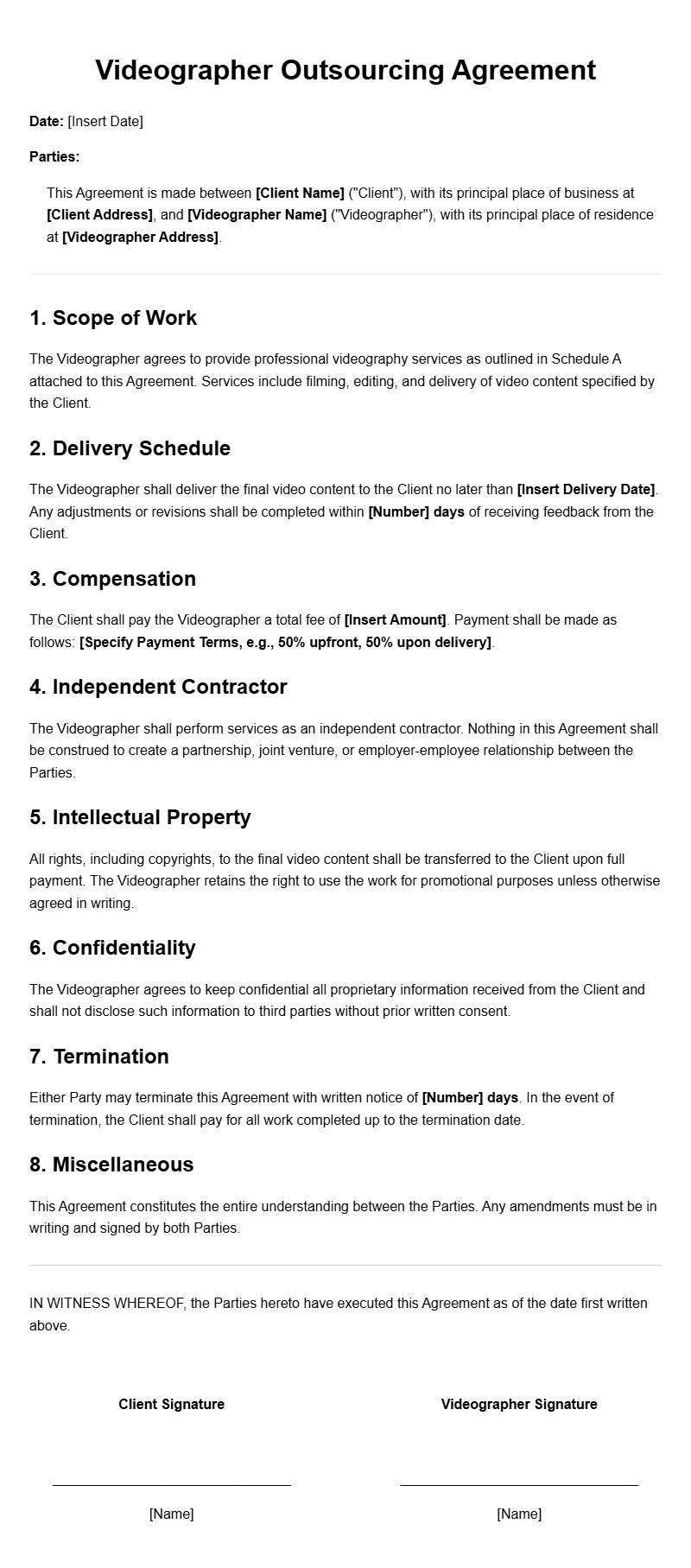 Videographer Outsourcing Agreement Templates for Smooth Collaboration