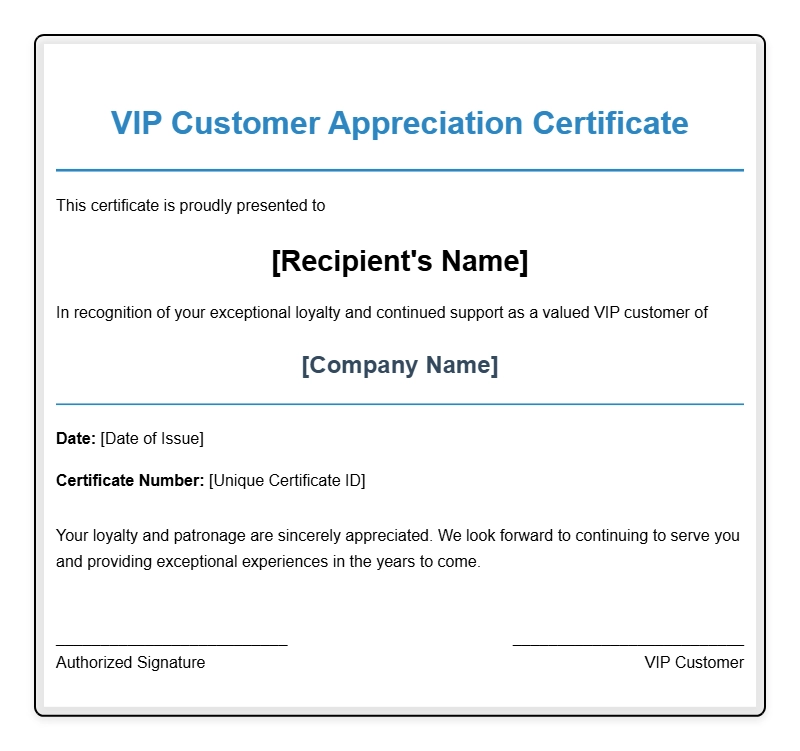 Elegant VIP Customer Certificate Templates for Special Recognition