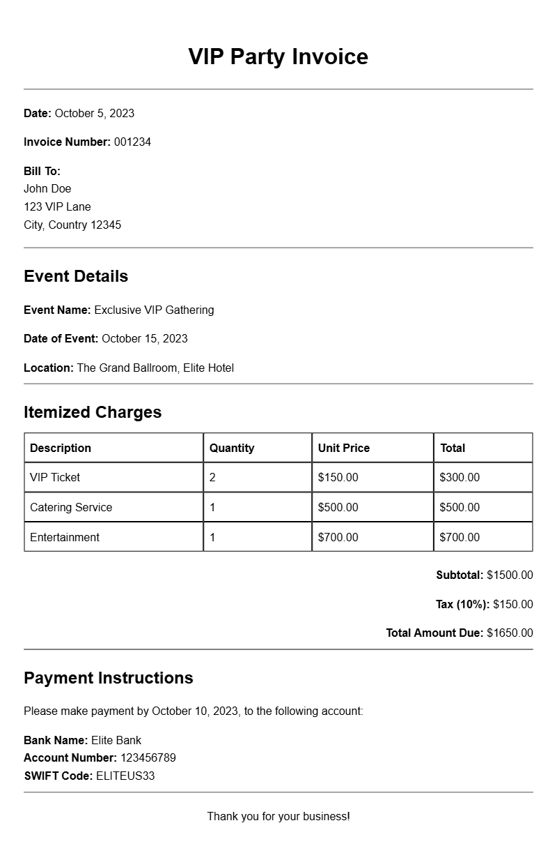 VIP Party Invoice Samples for Event Planning Professionals