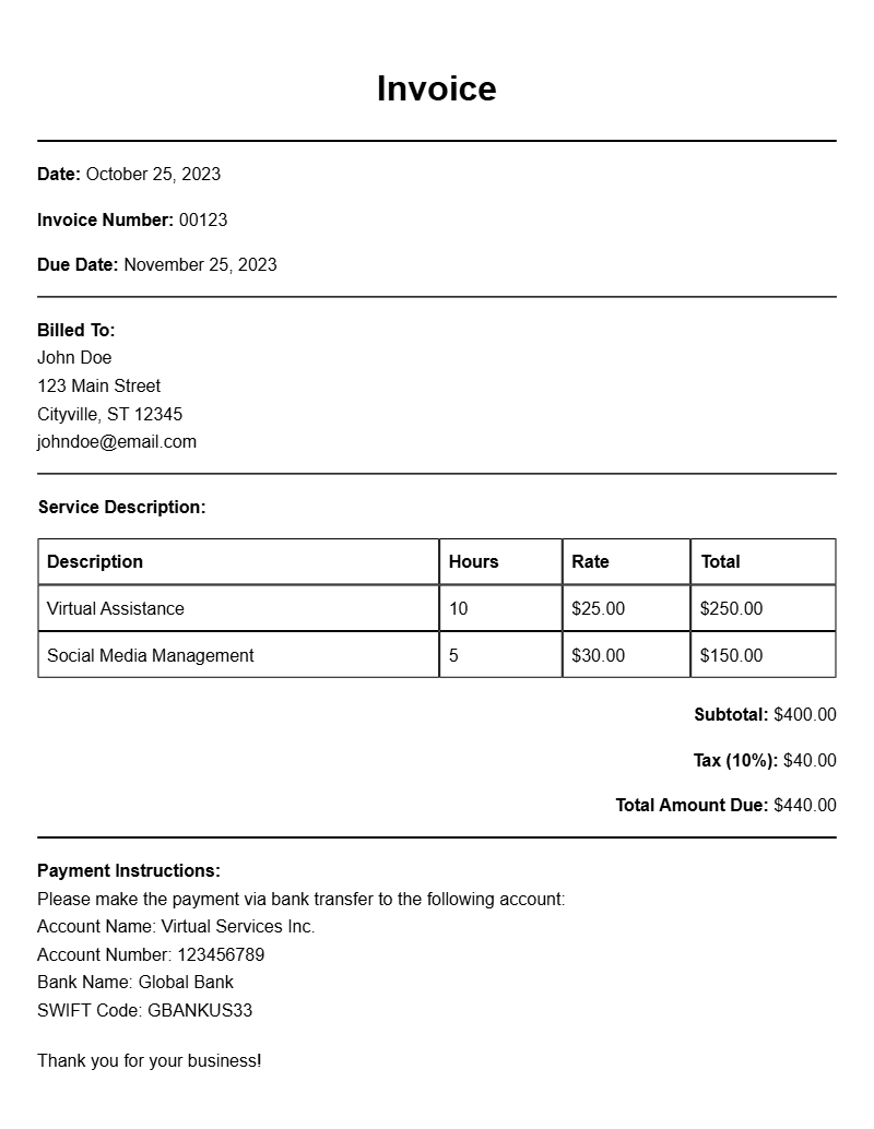 Virtual Assistance Invoice Samples for Your Business Needs