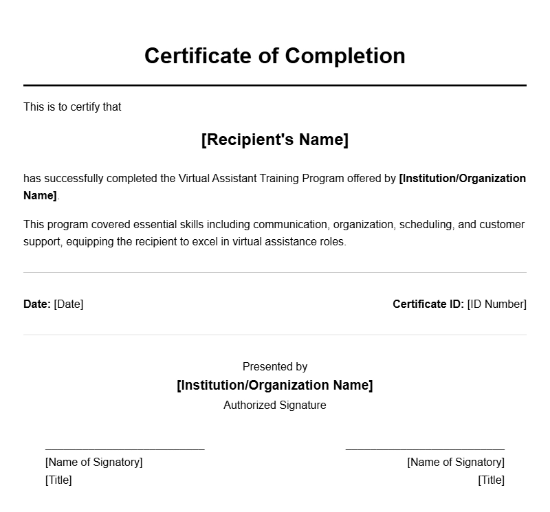 Virtual Assistant Certificate Samples for Professional Success
