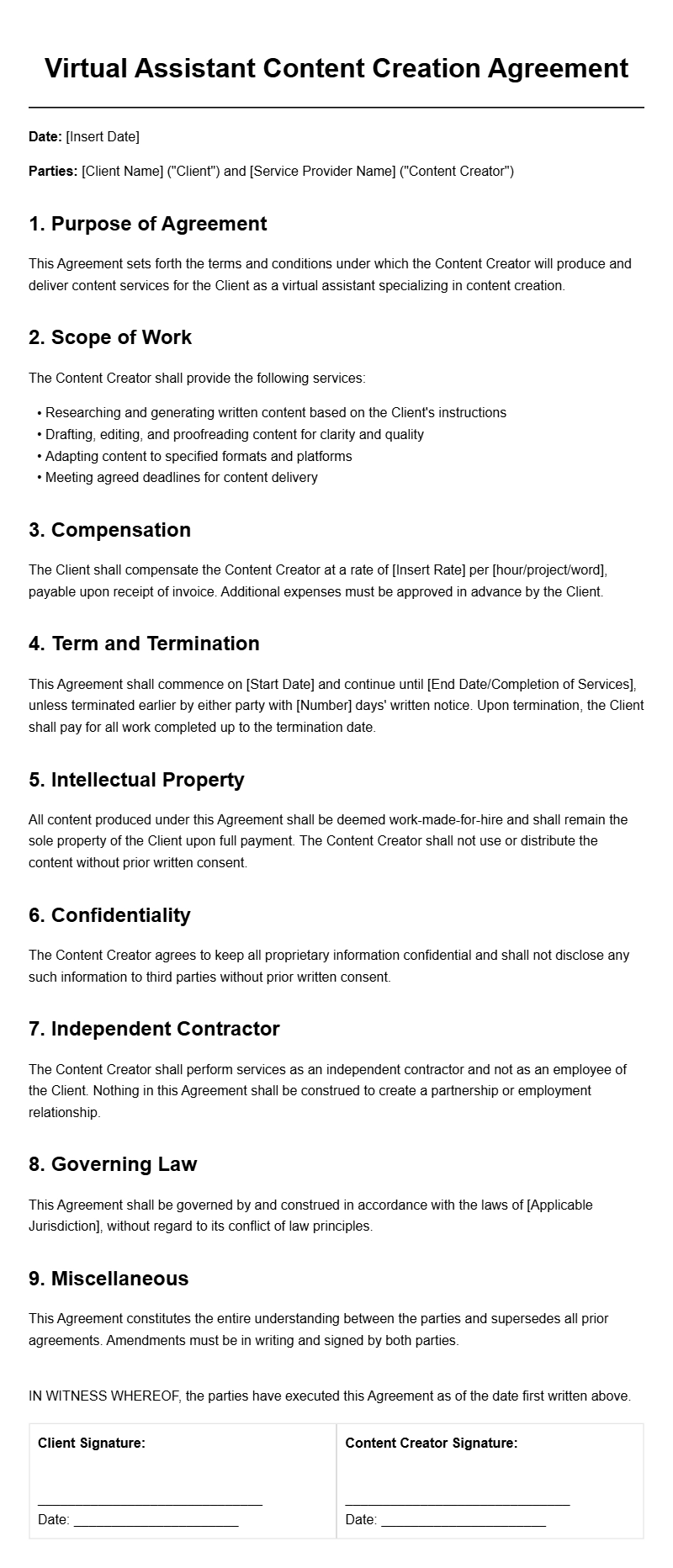 Virtual Assistant Content Creation Agreement Templates