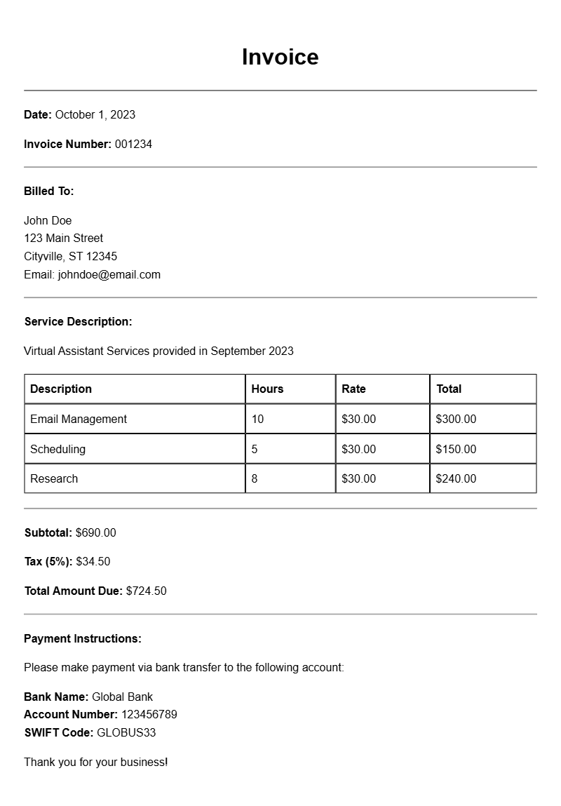 Virtual Assistant Invoice Samples for Your Business Needs